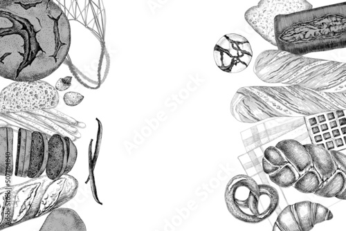 Bakery background. Top view of bakery products