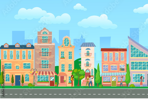 Fototapeta Naklejka Na Ścianę i Meble -  City street. Panoramic cityscape with bright houses, walking pedestrians. Shop and stores. Summer city. Vector illustration in cartoon style.