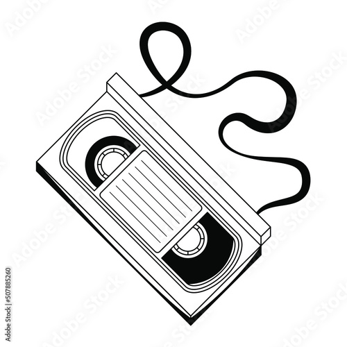 Abstract Isometric Hand Drawn Classic Tape Old Video Cassette VHS Doodle Concept Vector Design Outline Style On White Background Isolated Outline Video, Film Relax