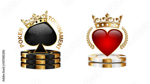 Poker tournament emblem logo isolated on white background. Black spades in golden crown on stack of black casino chips. Royal red hearts in laurel wreath. Vector VIP casino sign design set