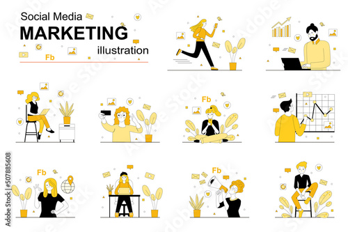 Social media marketing concept with people scene set. Men and women research market, make advertising campaign, attract clients, promote business online. Vector illustration in flat design for web
