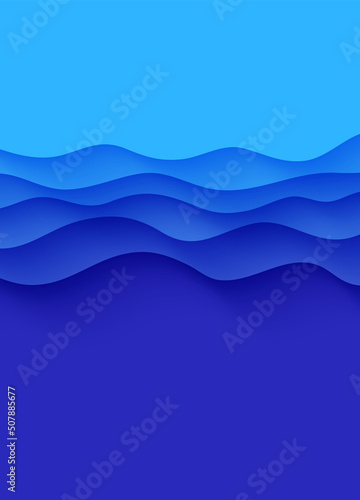 Abstract background with water waves in paper cut style. 3d wallpaper with cut out deep wavy modern cover. Blue color layers with smooth shadow papercut art. Vector illustration, origami shapes