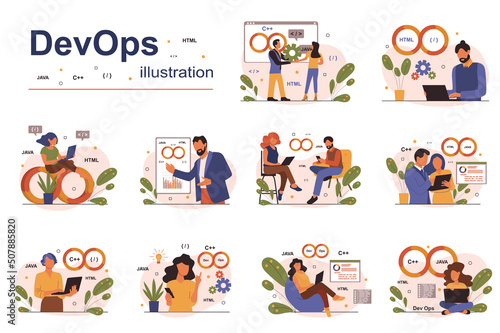 DevOps concept with people scene set. Men and women develop programs and software, deployment and testing, management, communication, automation, teamwork. Vector illustration in flat design for web