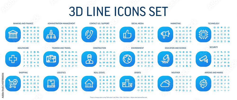 Vector illustration of 3d line icons for business, bank, social media ...