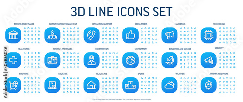 Vector illustration of 3d line icons for business, bank, social media market, logistics, internet technology, shop, education, sport, healthcare, develop and construction. Realistic web symbols set.