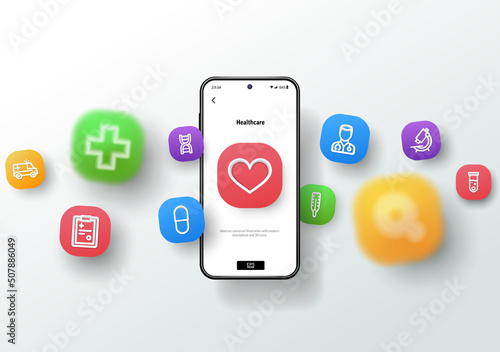 Healthcare, medicine business, health care, online doctor and medical support concept. Realistic smartphone mockup, 3d icons flying over screen. Application development, ui design background. Vector