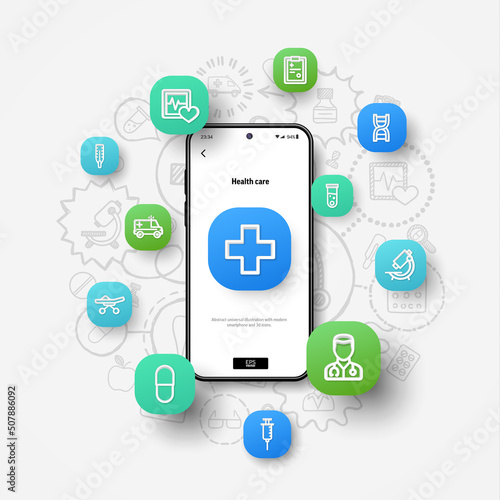 Healthcare, medicine business, health care, online doctor and medical support concept. Realistic smartphone mockup, 3d icons flying over screen on hand drawn sketch, doodle design background. Vector