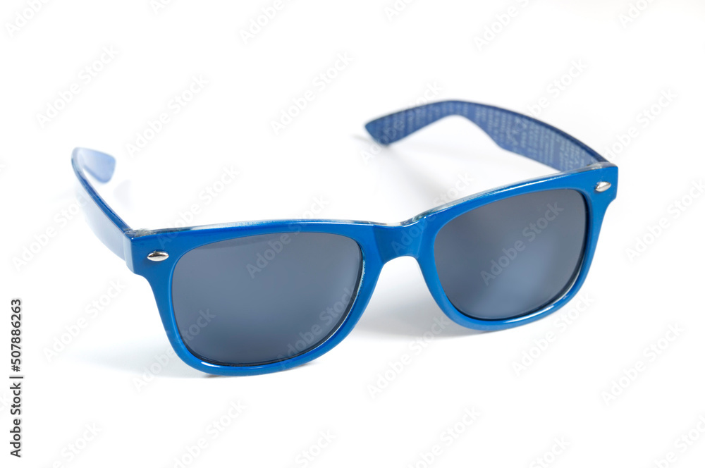 blue sunglasses with smoked lenses on white background