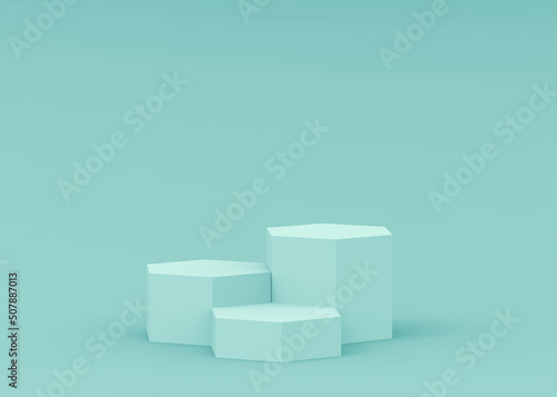 3d blue green hexagon podium minimal studio background. Abstract 3d geometric shape object illustration render. Display for technology medical and science product.