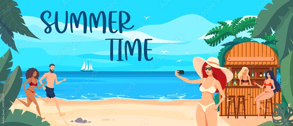 A summer time banner with a beach bar and cheerful people on a tropical beach. A summer time banner with a beach bar and cheerful people on a tropical beach.