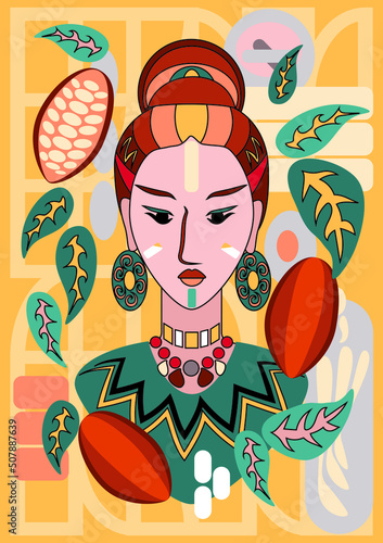 Girl's face in Mayan costume with painted stripes on her face framed by geometric patterns and stylised cacao fruit on a yellow background