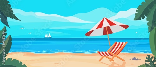 The landscape of a tropical sandy beach with a beach chaise longue and a beach umbrella.