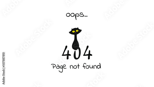 404 error page with cute black cat. Text oops page not found. 4K size vector background.