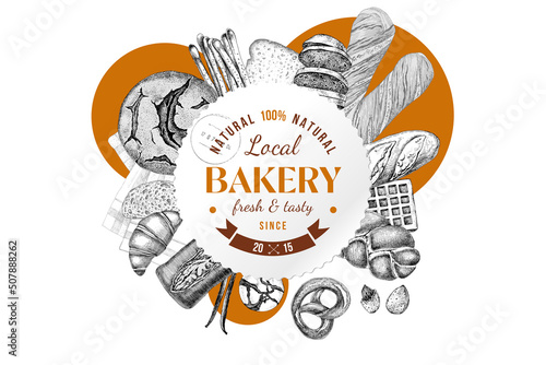 Local market label with variete of bread