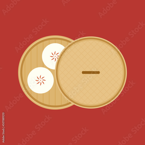 Dim sum, traditional Chinese dumplings, in bamboo steamer basket. Asian food vector illustration. Baozi or bao is Chinese food.
