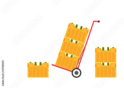 Trolley Crate vector. free space for text. wallpaper. Bottle in crate. cart vector. Trolley Crate beer on cart.