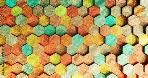 Abstract colorful style acrylic paint or oil hexagon texture pattern background. 3d rendering. Wrapping paper.