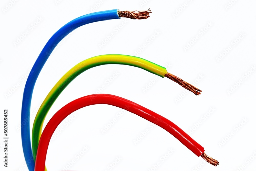 Different coloured wires used for electrical wiring. The colour