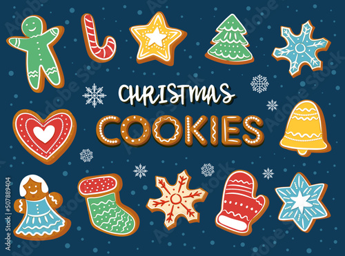 a set of Christmas gingerbread cookies decorated with icing sugar. vector illustration in cartoon style