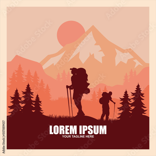 Mountain travel man retro emblem, extreme adventure, climbing outdoor tourism logo. - Vector