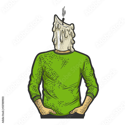 man burned out candle color sketch engraving vector illustration. T-shirt apparel print design. Scratch board imitation. Black and white hand drawn image.