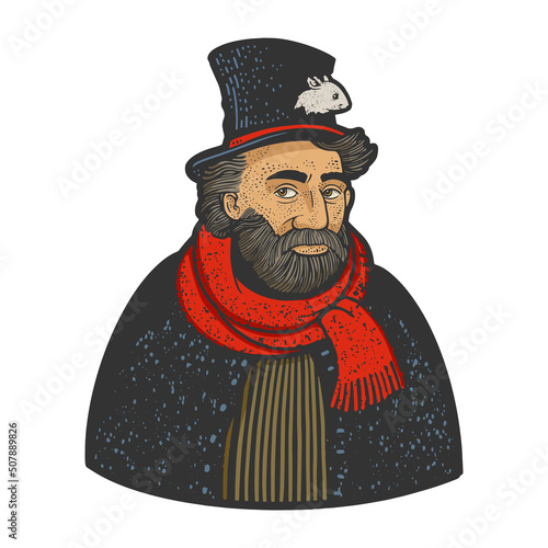 homeless with mouse in hat color sketch engraving vector illustration. T-shirt apparel print design. Scratch board imitation. Black and white hand drawn image.
