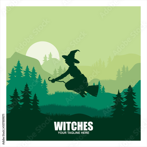 Silhouette witch flying on broom. Halloween symbol.