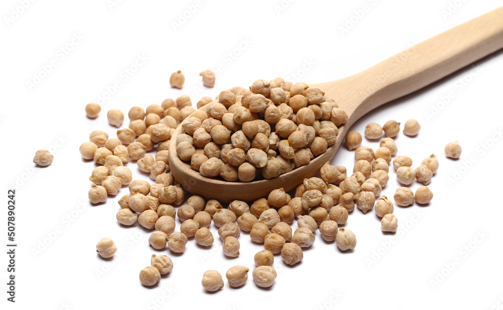 Raw chickpeas pile in wooden spoon isolated on white Raw chickpeas pile in wooden spoon isolated on white