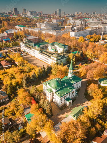 Aerial view of the old mosque in the park district of the city. Religious and cultural attractions