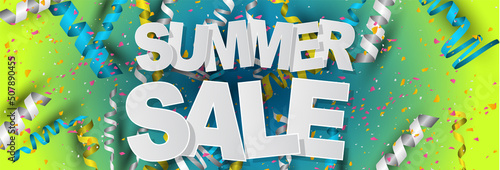 Summer salehorizontal banner design concept with confetti and ringlets on blue and green gradient background. High quality vector illustration.