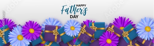 Fathers Day banner background. Blue and purple presents with golden bow and flowers. Realistic vector illustration.