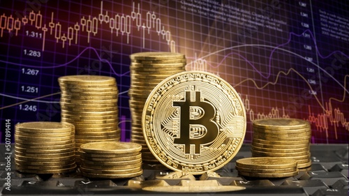 Golden coins with bitcoin logo drop at market. Pullback of leader cryptocurrency Bitcoin BTC in trading. © BillionPhotos.com