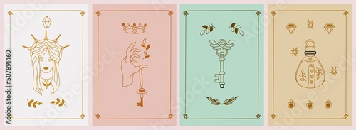 Set of mystical posters with inspirational quotes about energy and magic. Girl , poison, crown, key, hands, diamond. Minimal trendy boho style. Outline illustration.