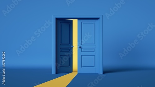 3d rendering, yellow light going through the opening double door isolated on blue background. Architectural design element. Modern minimal concept. Opportunity metaphor photo