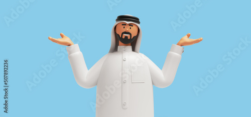 3d render, cartoon character arab man with beard wears traditional white clothes and looks at camera, hands up. Comparison or doubt pose. Business clip art isolated on blue background photo