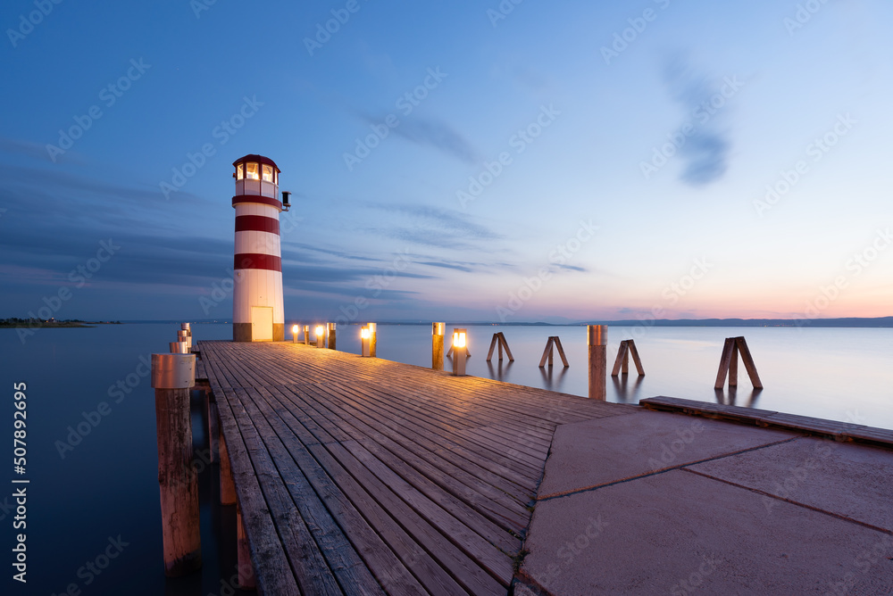 Lighthouse at Lake Neusiedl, Podersdorf am See, Austria. Lighthouse after sunset
