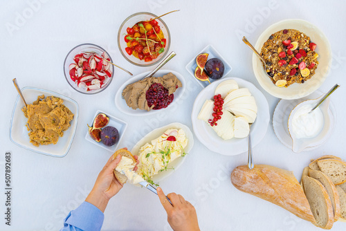Obraz na płótnie Breakfast Buffet, Breakfast Time Hotel, Brunch with Family in Restaurant, Top View of the Table with Plates of Food for Breakfast w salonie