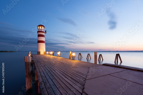 Lighthouse at Lake Neusiedl, Podersdorf am See, Austria. Lighthouse after sunset