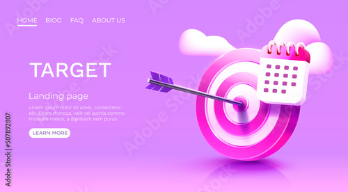 Target calendar landing page, banner business 3d icon. Vector