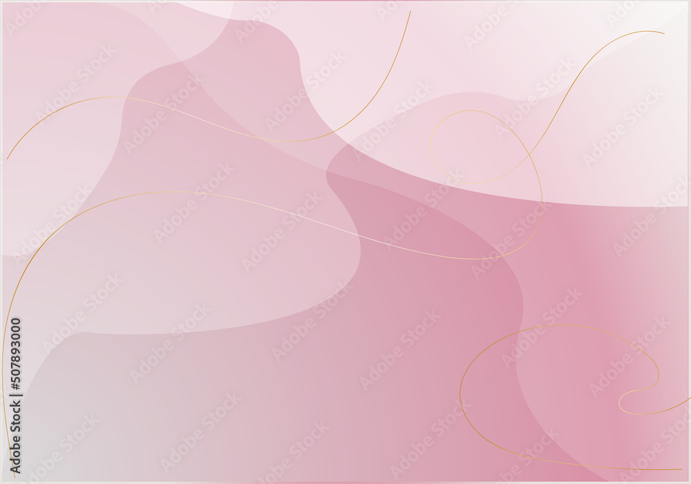 Light delicate pink background with rays of light and golden lines. Golden thread on a soft airy background.