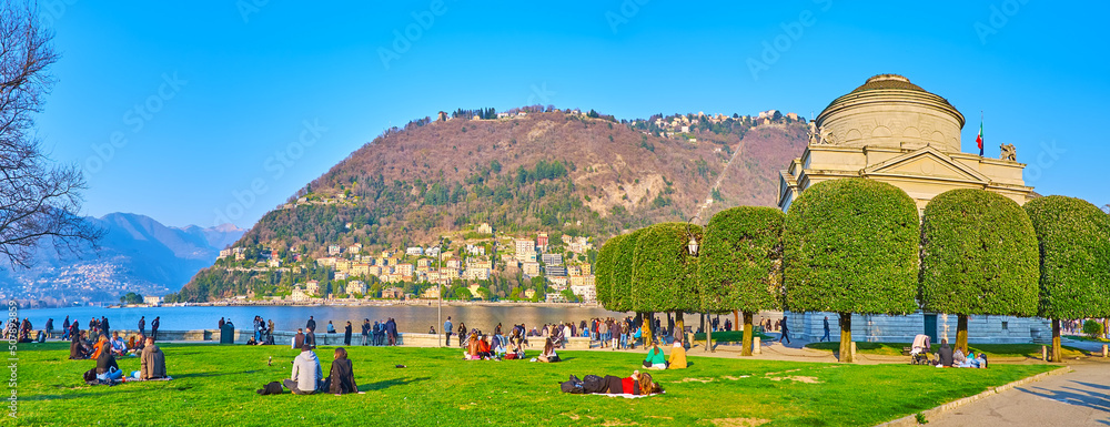 Panorama with Tempio Voltiano, its garden and Lake Como, Como, Lombardy, Italy