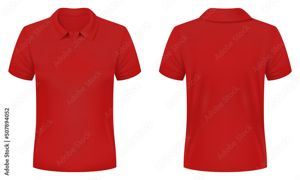 Blank red polo shirt template. Front and back views. Vector