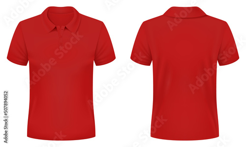 Blank red polo shirt template. Front and back views. Vector illustration.