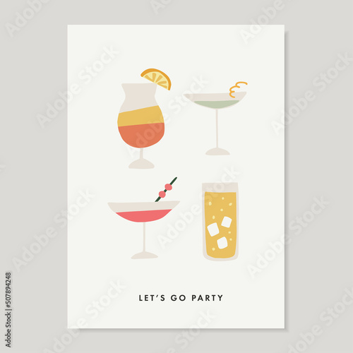 Set of hand drawn alcoholic drinks, cocktails with ice cubes, bubbles and fruit. Summer holiday and beach party, anniversary concept. Isolated vector icons. Birthday greeting card, invitation.