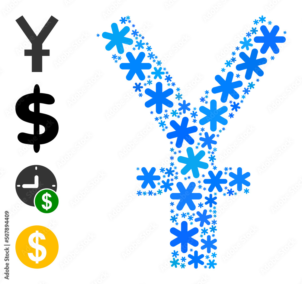 Obraz premium Mosaic yen icon is created for winter, New Year, Christmas. Yen icon mosaic is shaped from light blue snow items. Some similar icons are added.