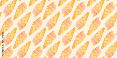 Seamless pattern of soft serve ice cream cone. Ice cream backgound.