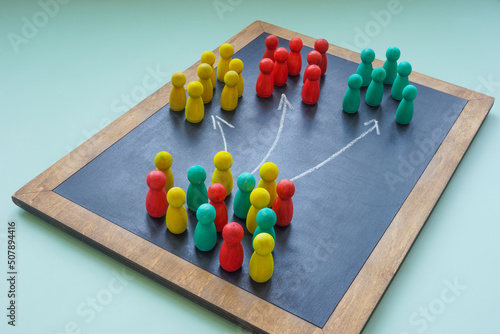 Customer segmentation concept. Colorful figurines and arrows on the board. photo
