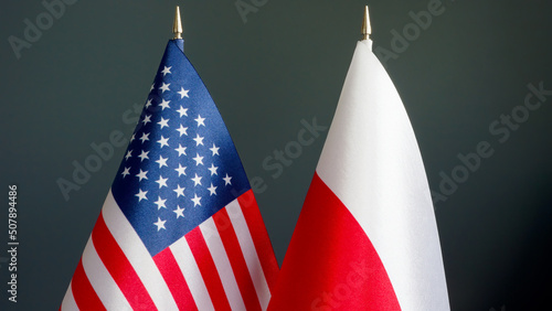 Flags of the USA and Poland on a dark surface.
