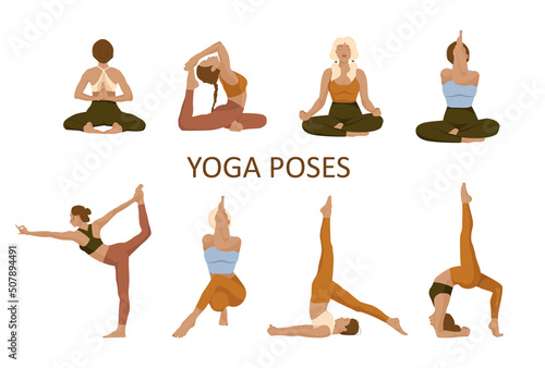 Yoga poses isolated. Vector flat faceless style. Wome doing yoga.