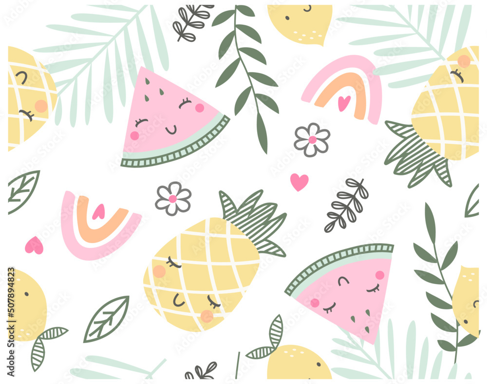 Tropical fruits, Pineapple, lemon and watermelon with rainbow